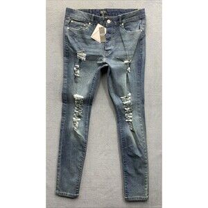 BooHoo MAN Denim Jeans Men's Button Fly Tall Skinny All Over Rip Blue Size 36X33